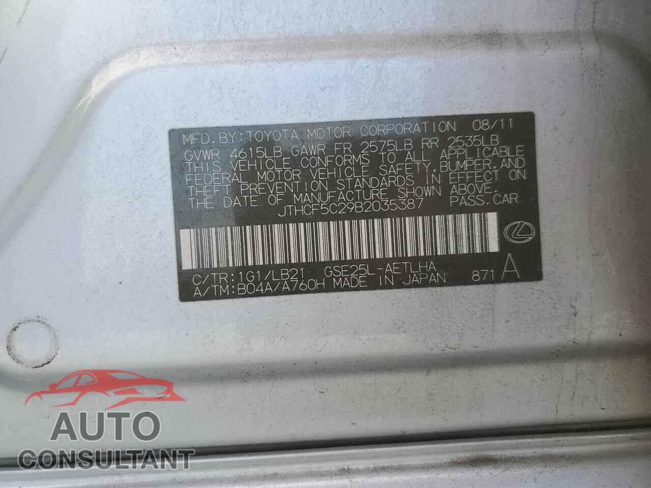 LEXUS IS 2011 - JTHCF5C29B2035387