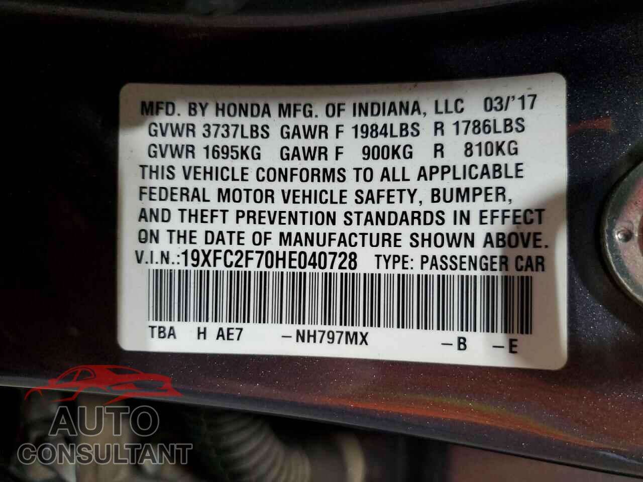 HONDA CIVIC 2017 - 19XFC2F70HE040728