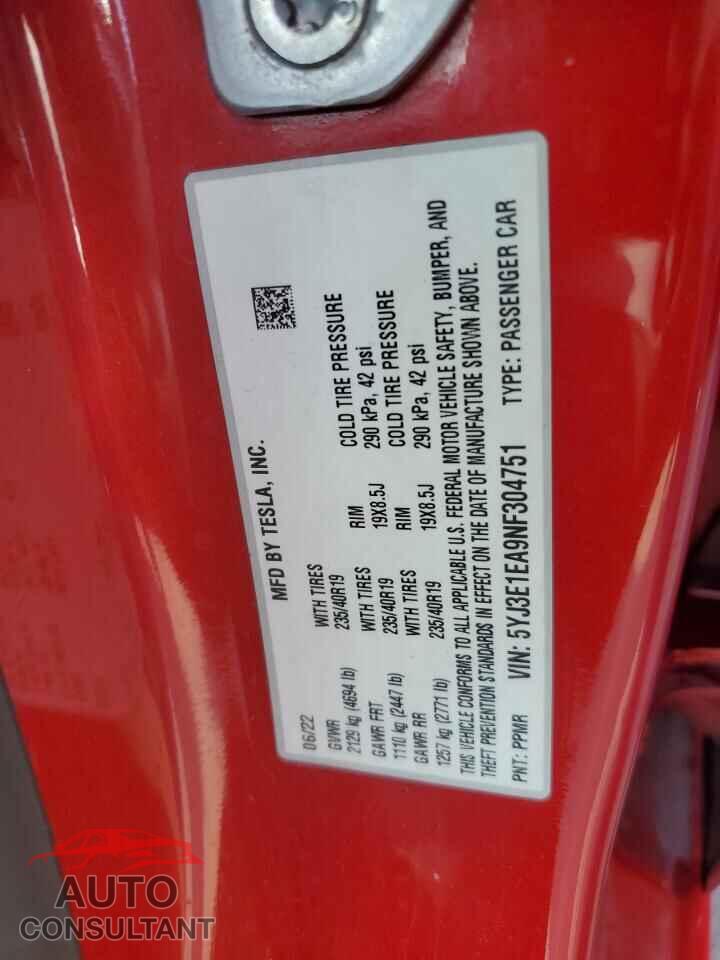 TESLA MODEL 3 2022 - 5YJ3E1EA9NF304751