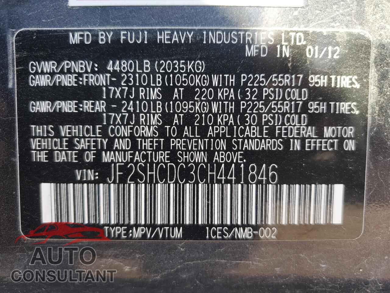 SUBARU FORESTER 2012 - JF2SHCDC3CH441846