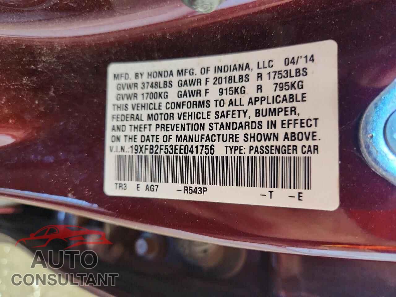 HONDA CIVIC 2014 - 19XFB2F53EE041756