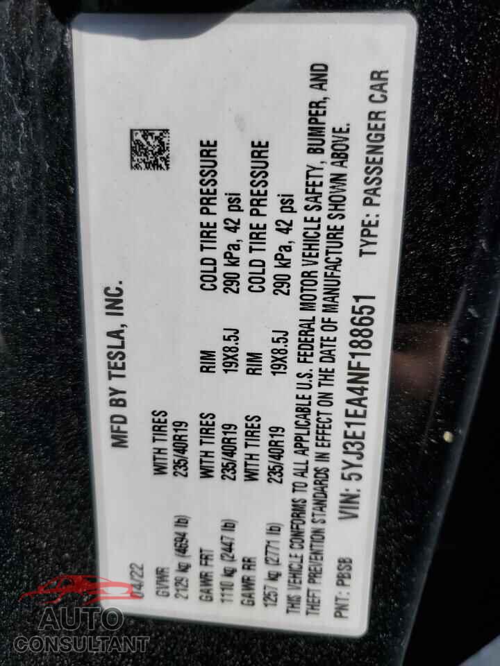 TESLA MODEL 3 2022 - 5YJ3E1EA4NF188651