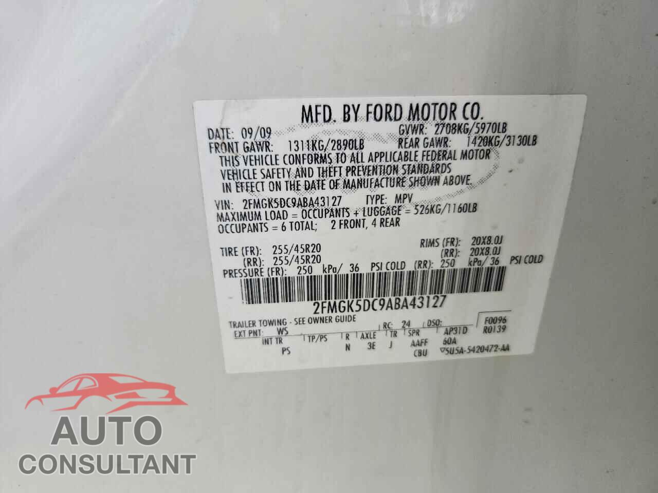 FORD FLEX 2010 - 2FMGK5DC9ABA43127