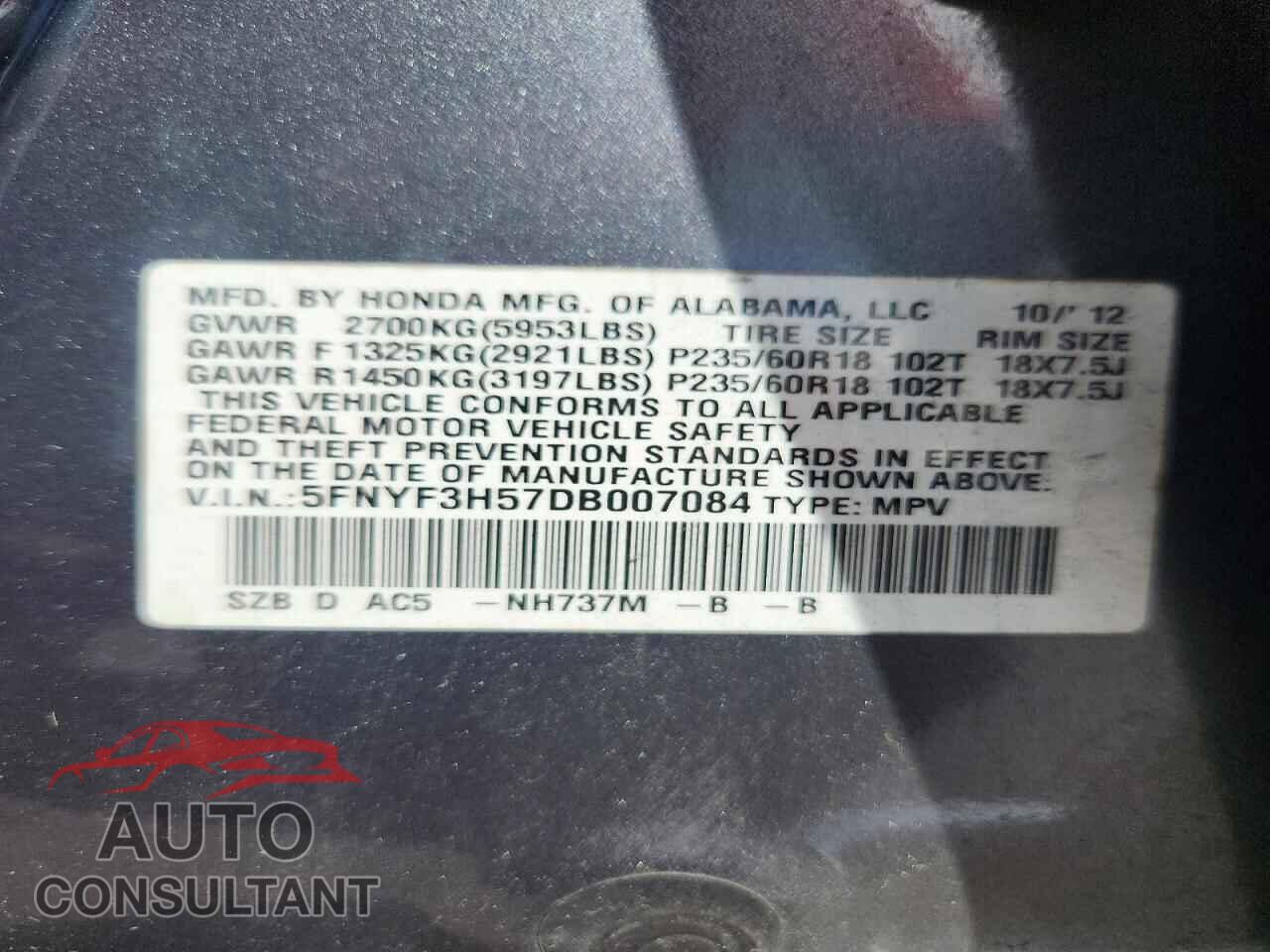 HONDA PILOT 2013 - 5FNYF3H57DB007084