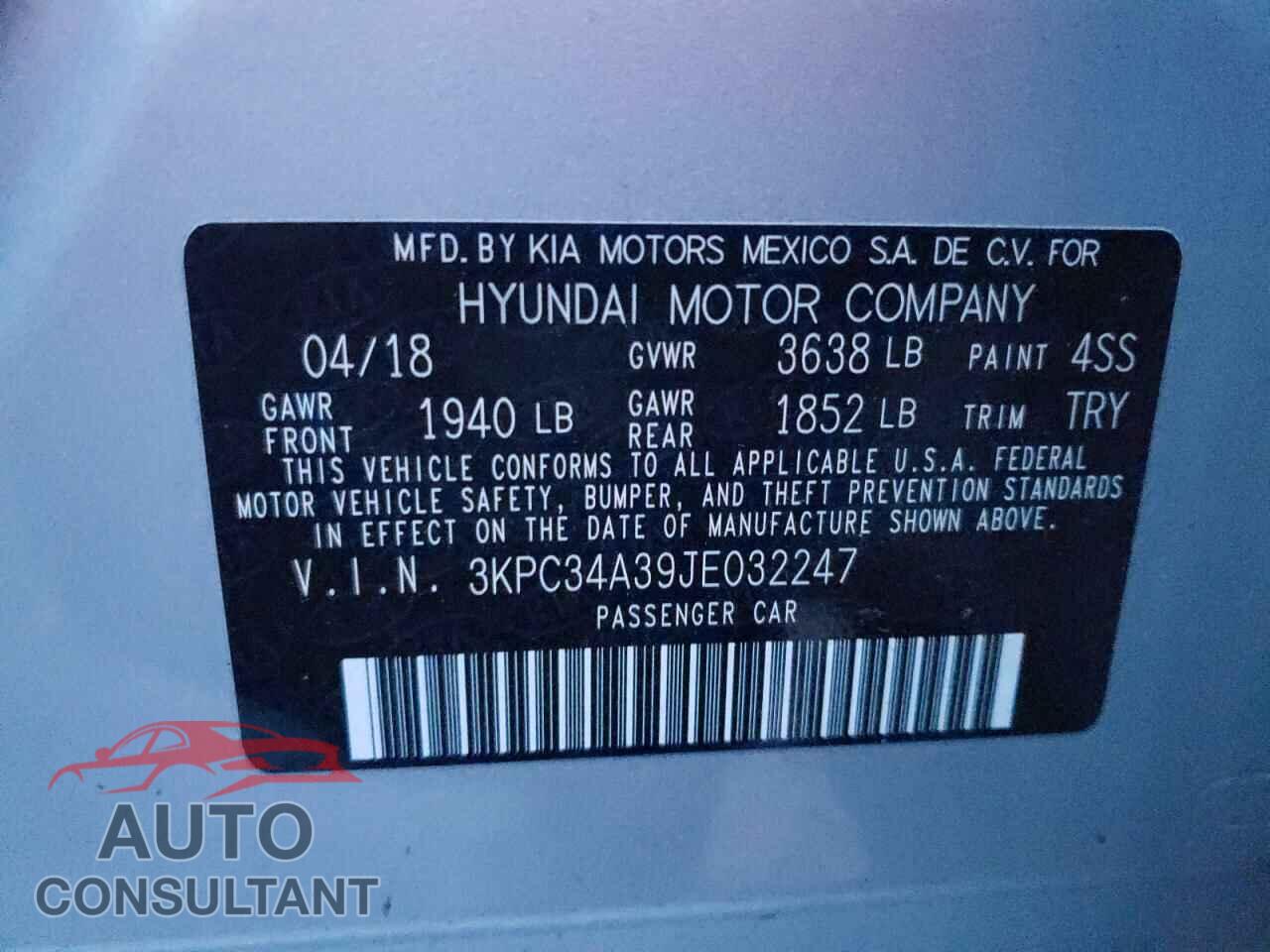 HYUNDAI ACCENT 2018 - 3KPC34A39JE032247