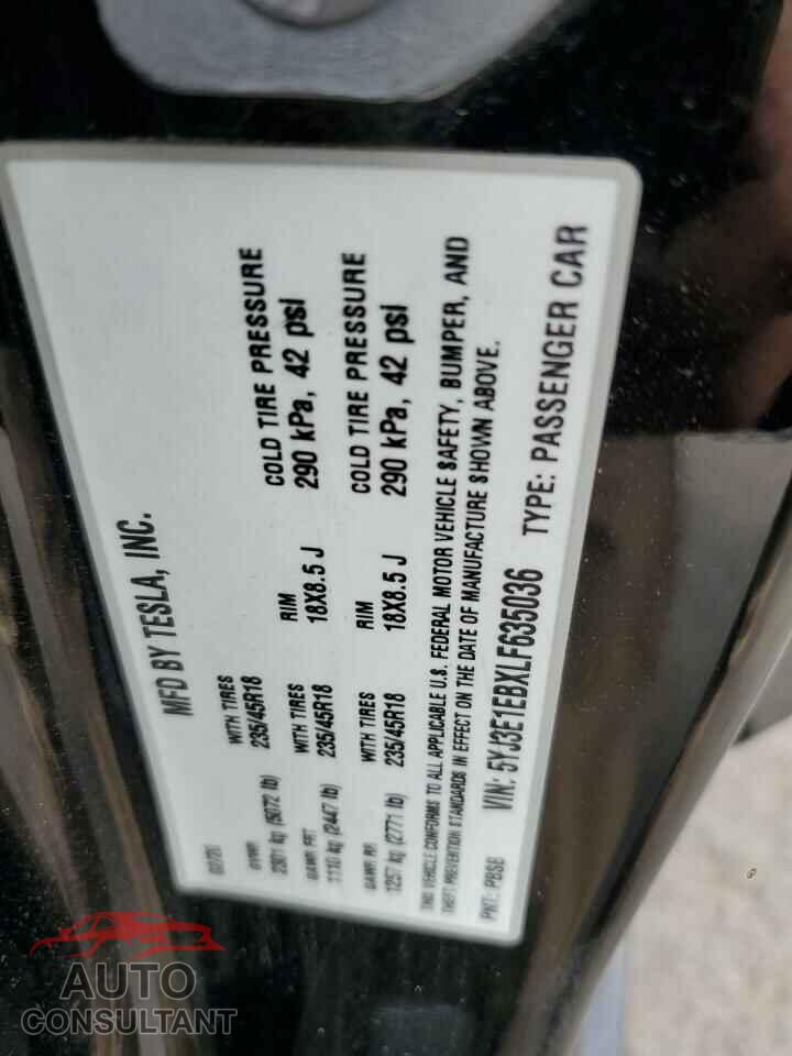 TESLA MODEL 3 2020 - 5YJ3E1EBXLF635036