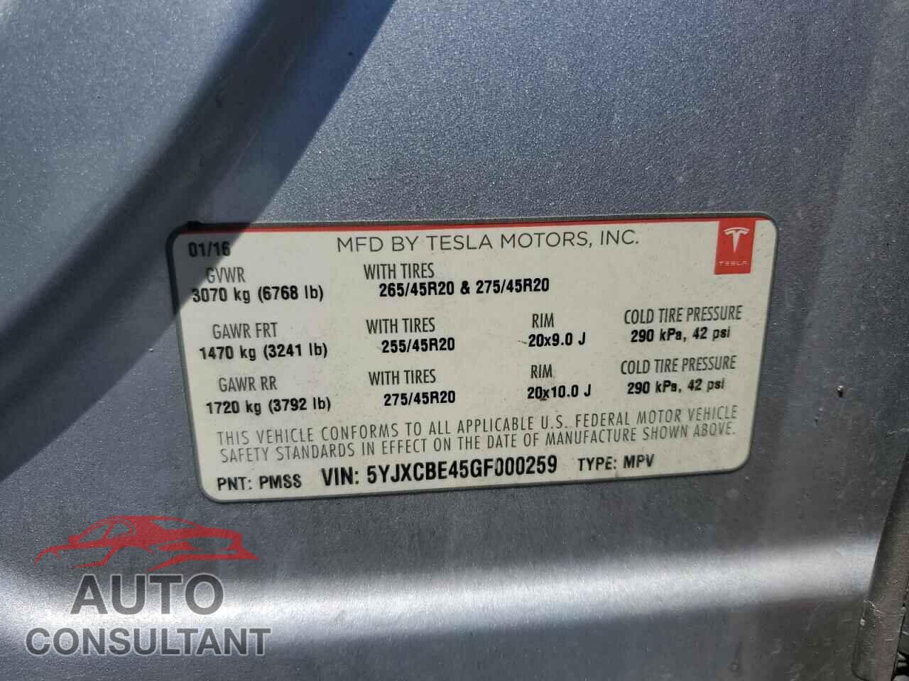 TESLA MODEL X 2016 - 5YJXCBE45GF000259