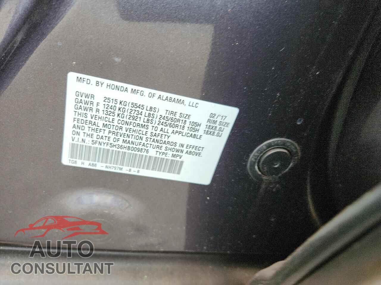 HONDA PILOT 2017 - 5FNYF5H36HB009876
