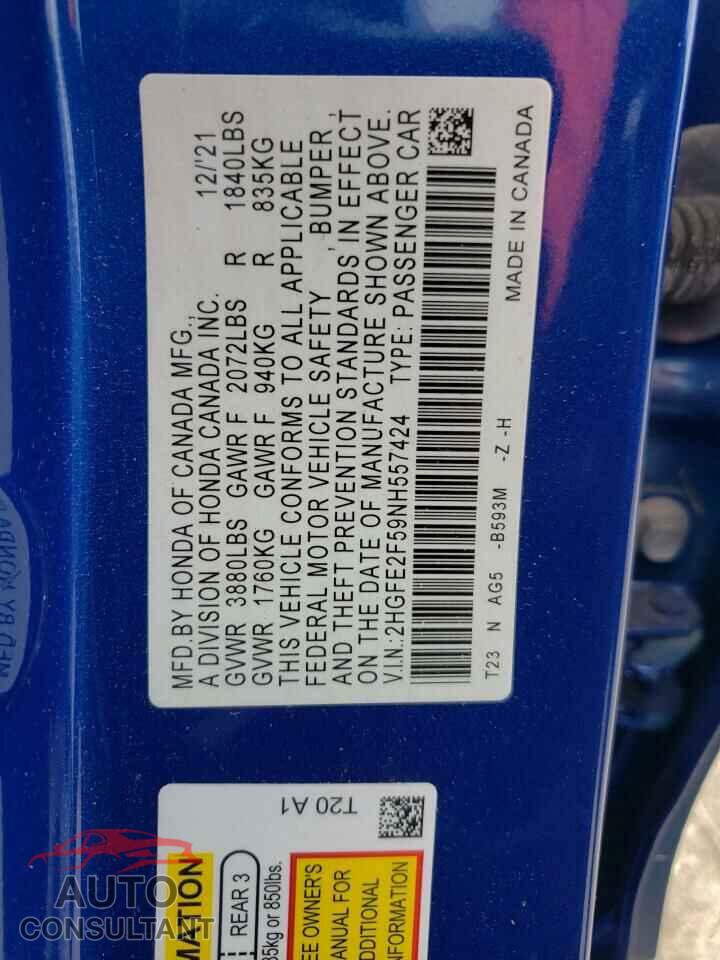 HONDA CIVIC 2022 - 2HGFE2F59NH557424