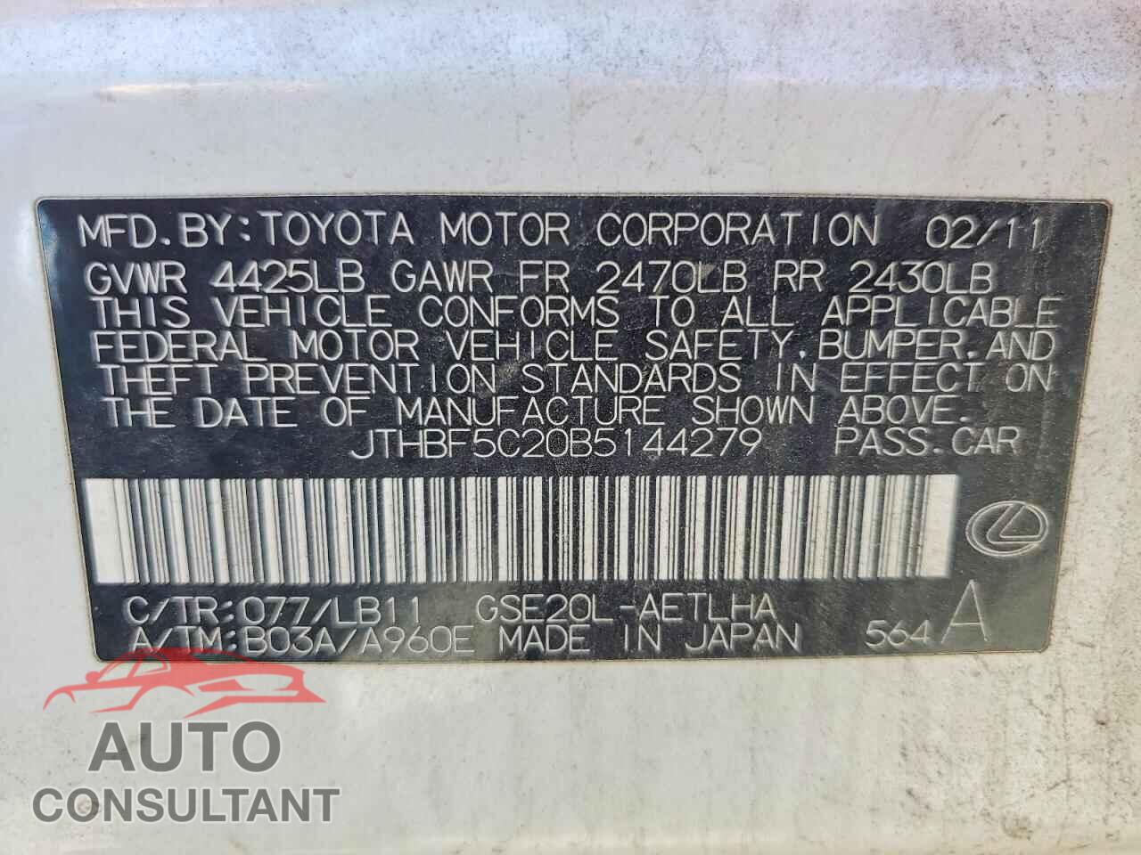 LEXUS IS 2011 - JTHBF5C20B5144279
