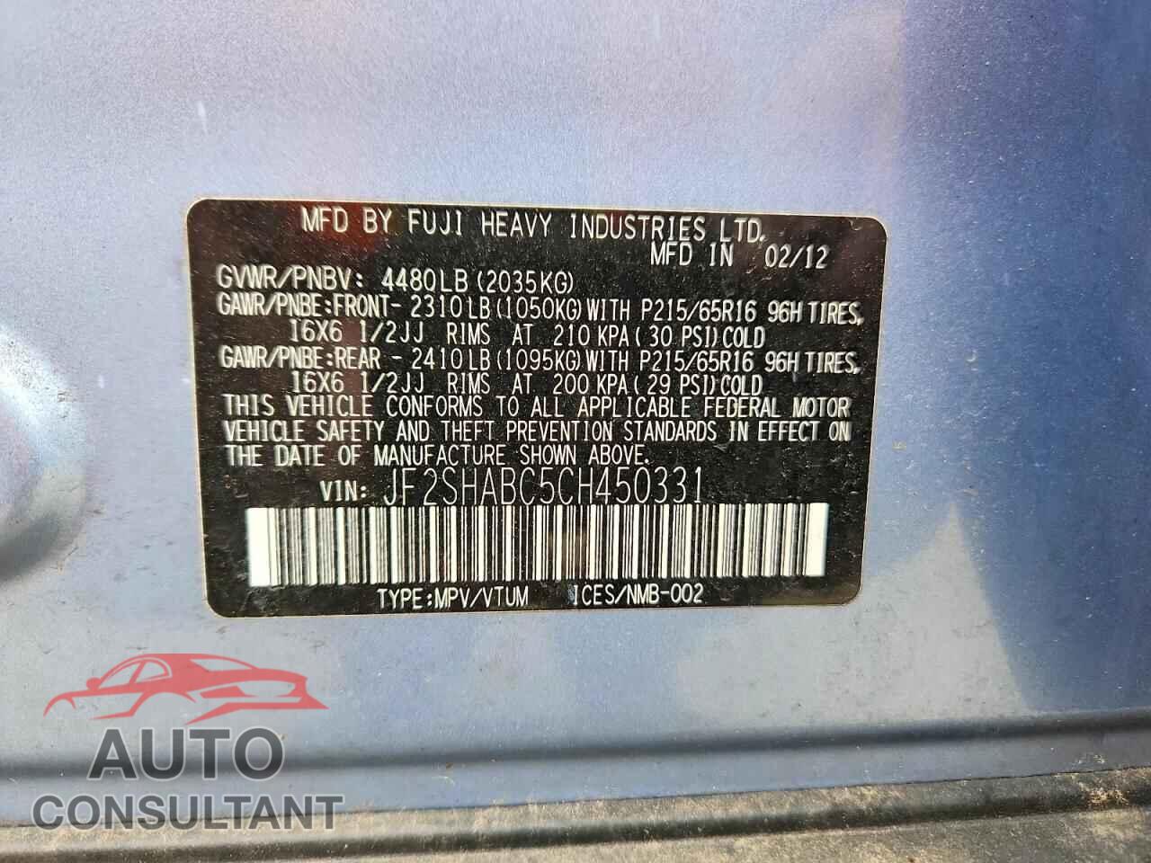 SUBARU FORESTER 2012 - JF2SHABC5CH450331