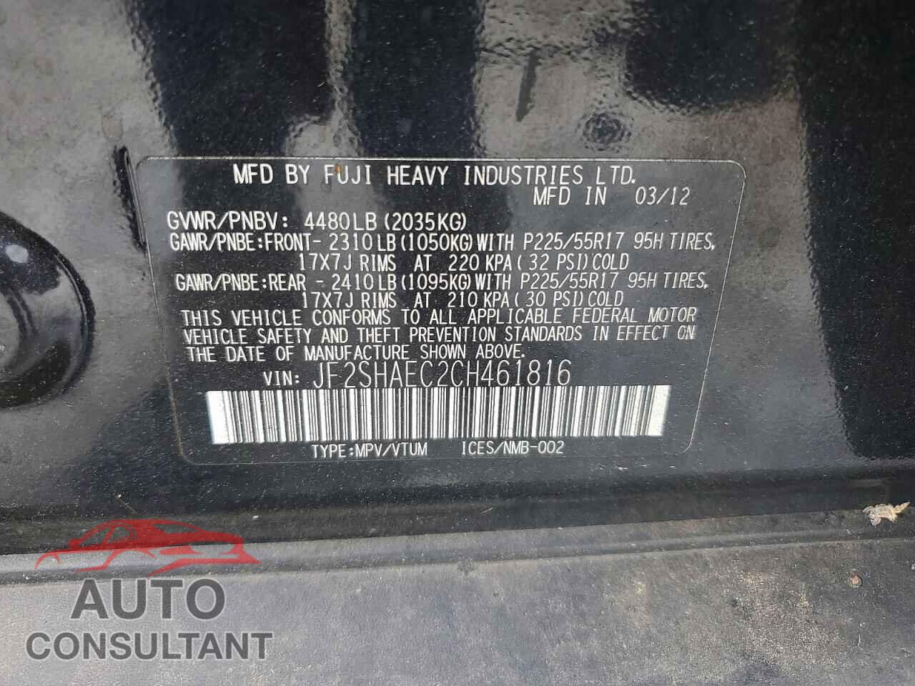 SUBARU FORESTER 2012 - JF2SHAEC2CH461816