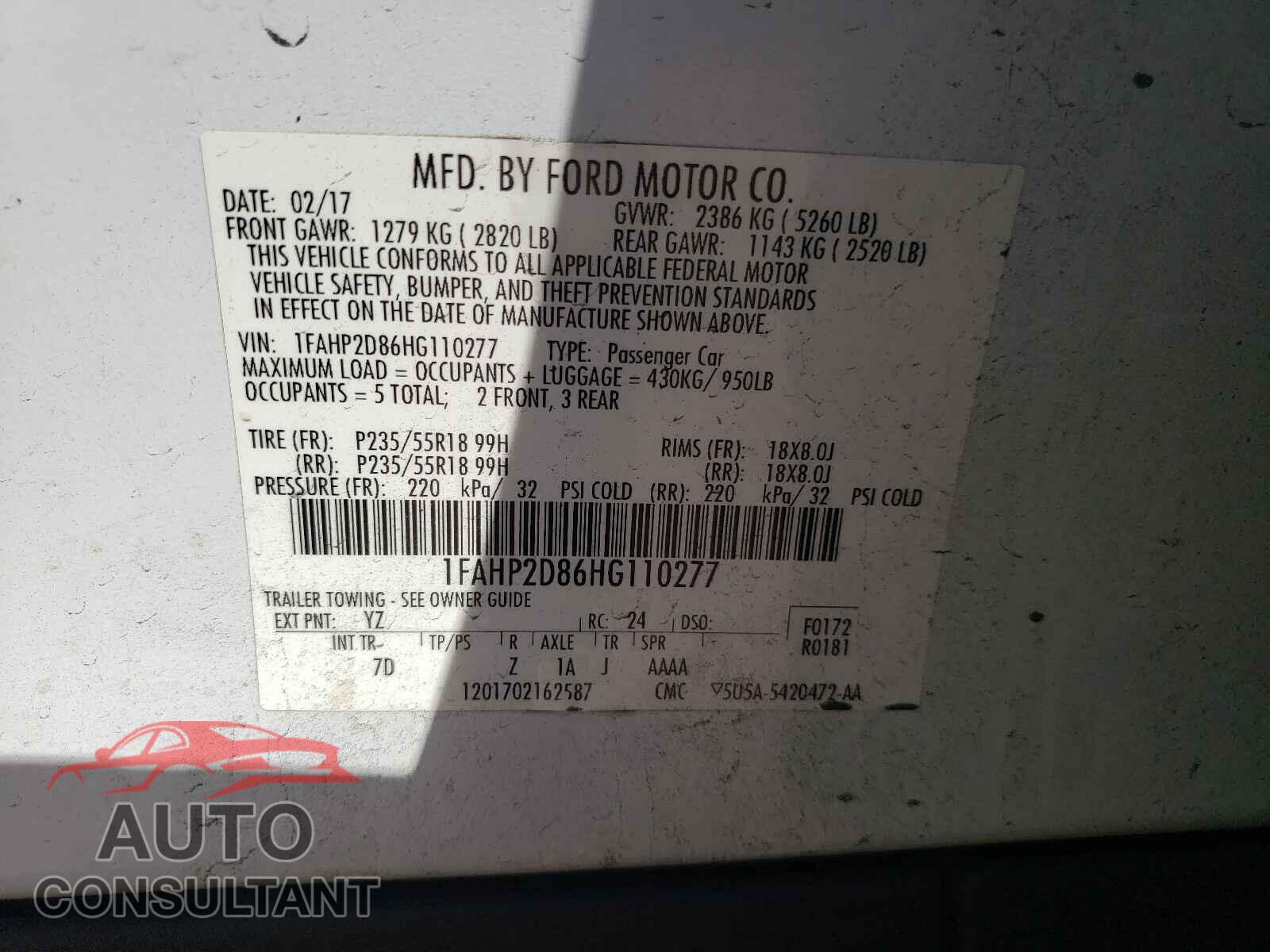 FORD TAURUS 2017 - 1FAHP2D86HG110277