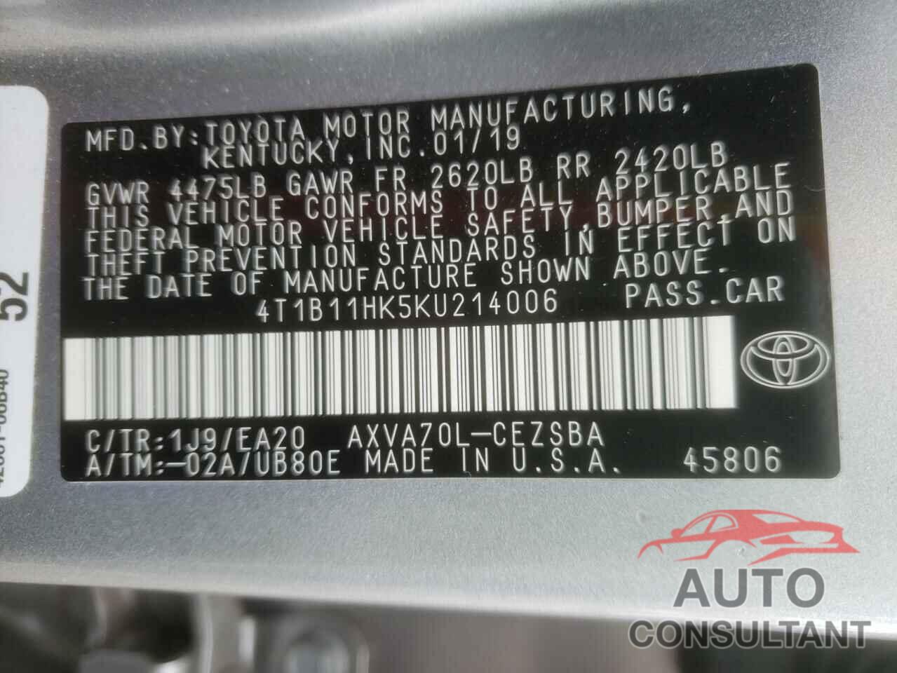 TOYOTA CAMRY 2019 - 4T1B11HK5KU214006