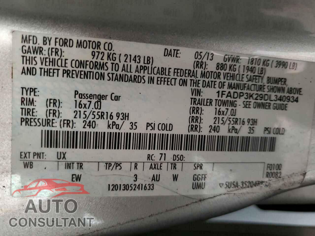 FORD FOCUS 2013 - 1FADP3K29DL340934