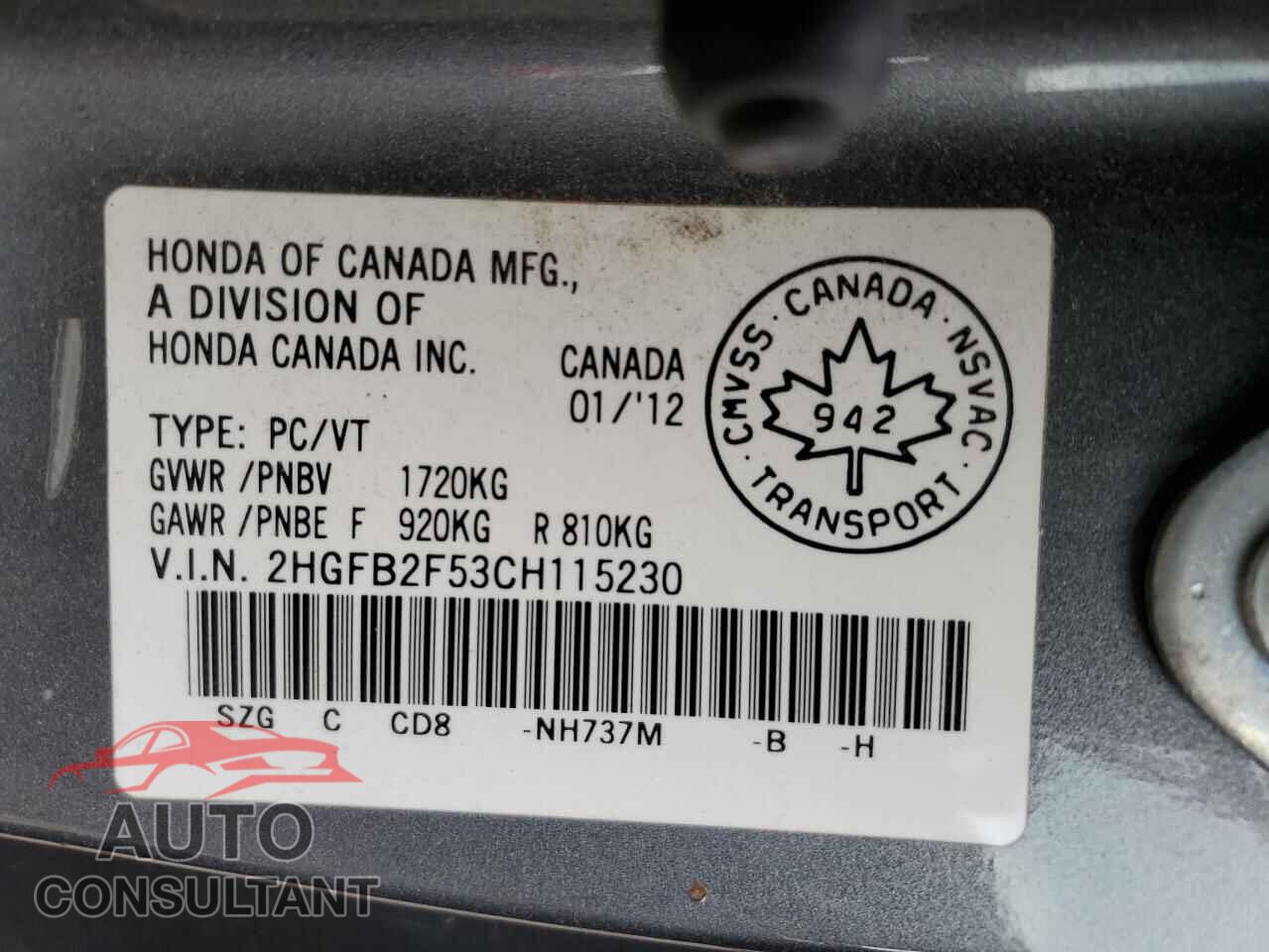 HONDA CIVIC 2012 - 2HGFB2F53CH115230