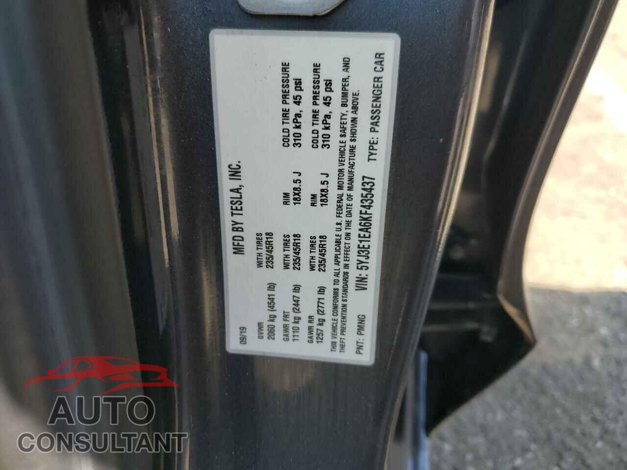 TESLA MODEL 3 2019 - 5YJ3E1EA6KF435437