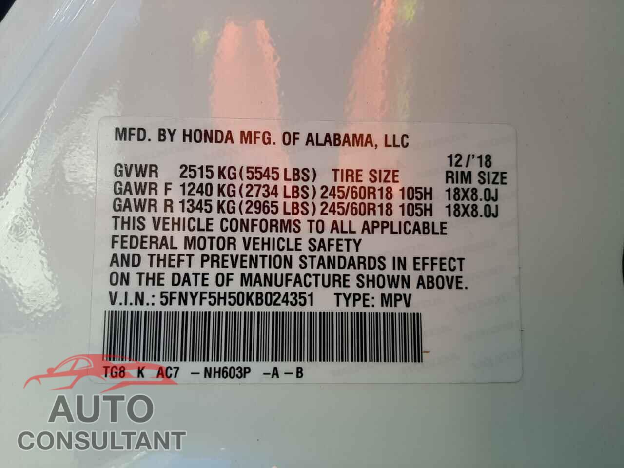 HONDA PILOT 2019 - 5FNYF5H50KB024351