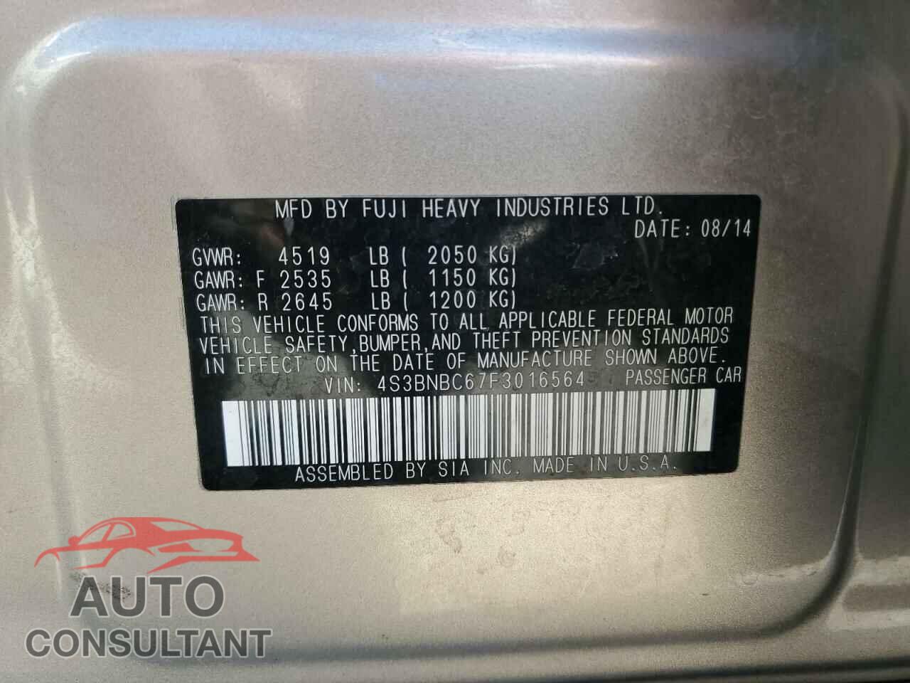SUBARU LEGACY 2015 - 4S3BNBC67F3016564