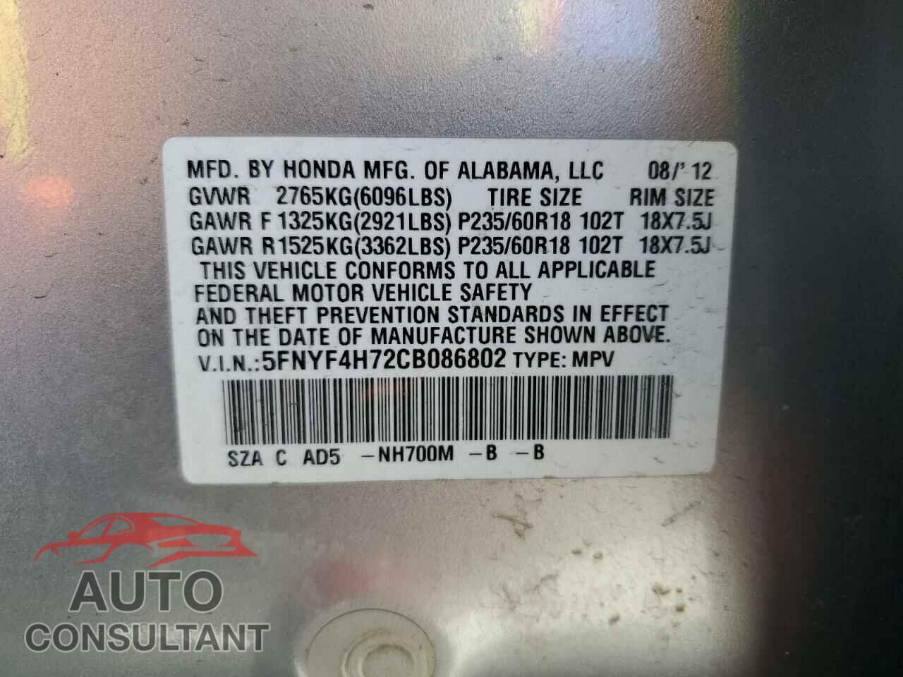 HONDA PILOT 2012 - 5FNYF4H72CB086802