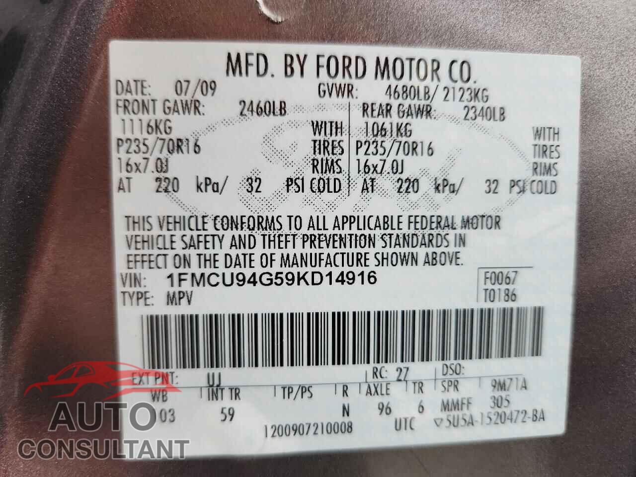 FORD ESCAPE 2009 - 1FMCU94G59KD14916