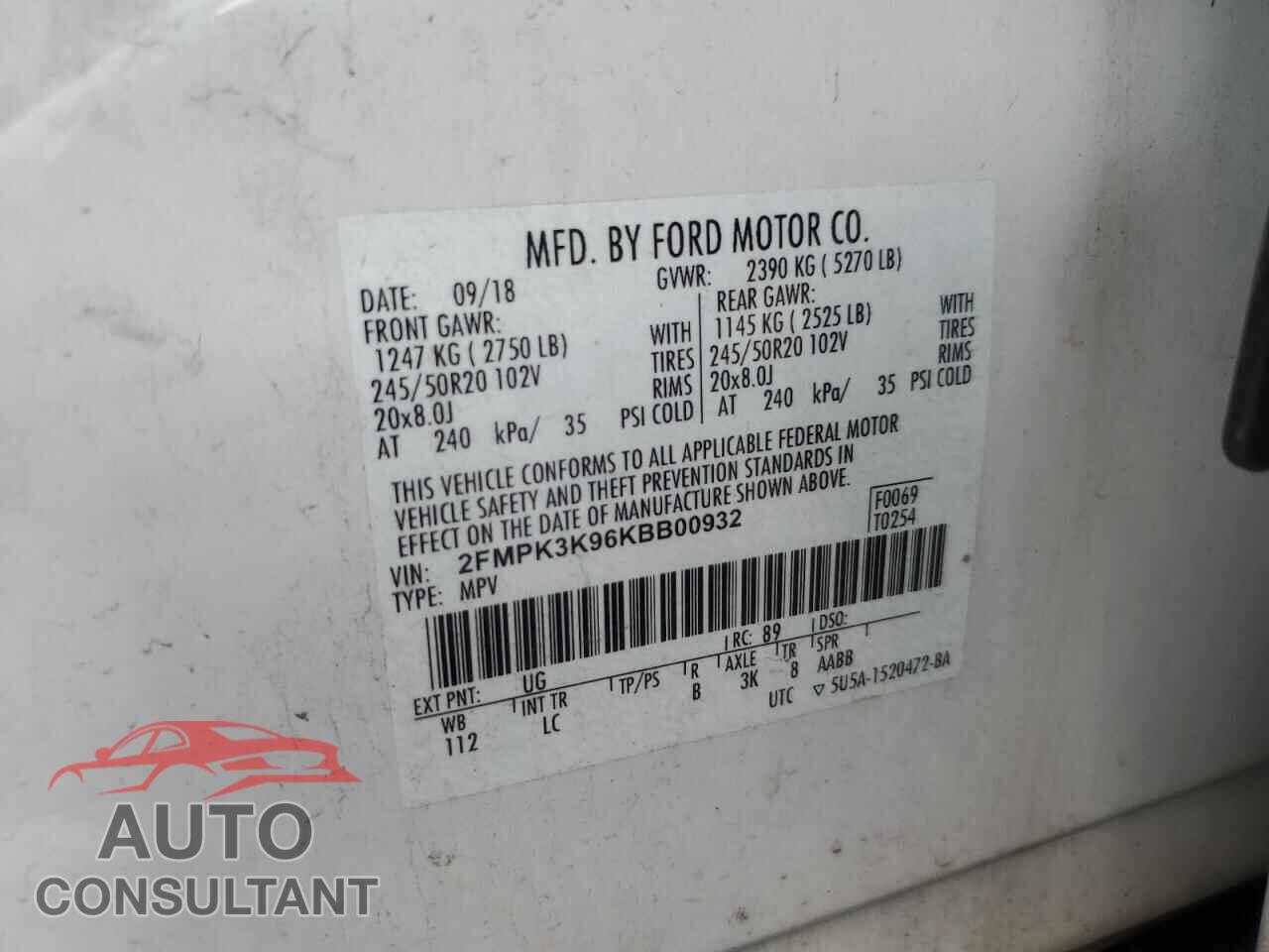 FORD EDGE 2019 - 2FMPK3K96KBB00932