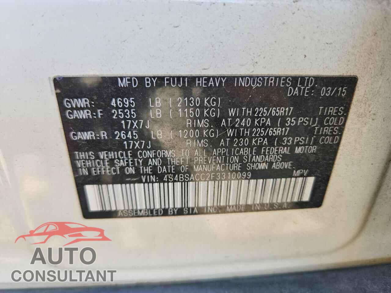 SUBARU OUTBACK 2015 - 4S4BSACC2F3310099