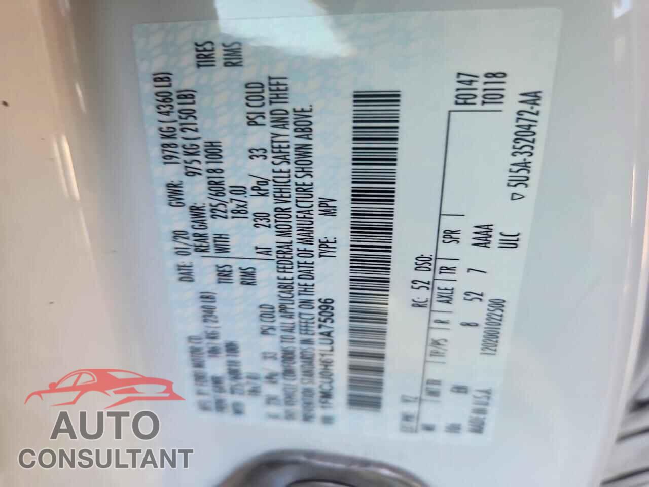 FORD ESCAPE 2020 - 1FMCU0H61LUA75096