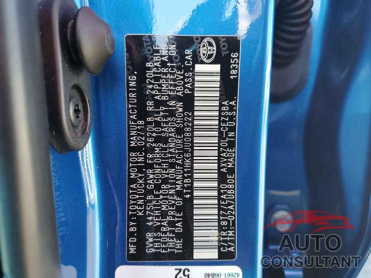 TOYOTA CAMRY 2018 - 4T1B11HK6JU088222