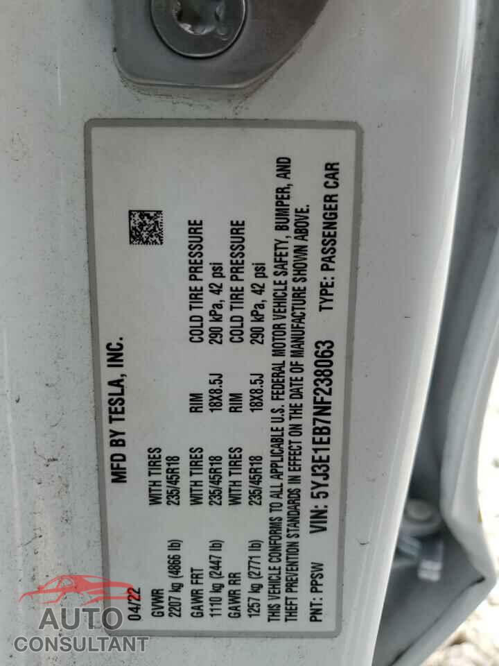 TESLA MODEL 3 2022 - 5YJ3E1EB7NF238063