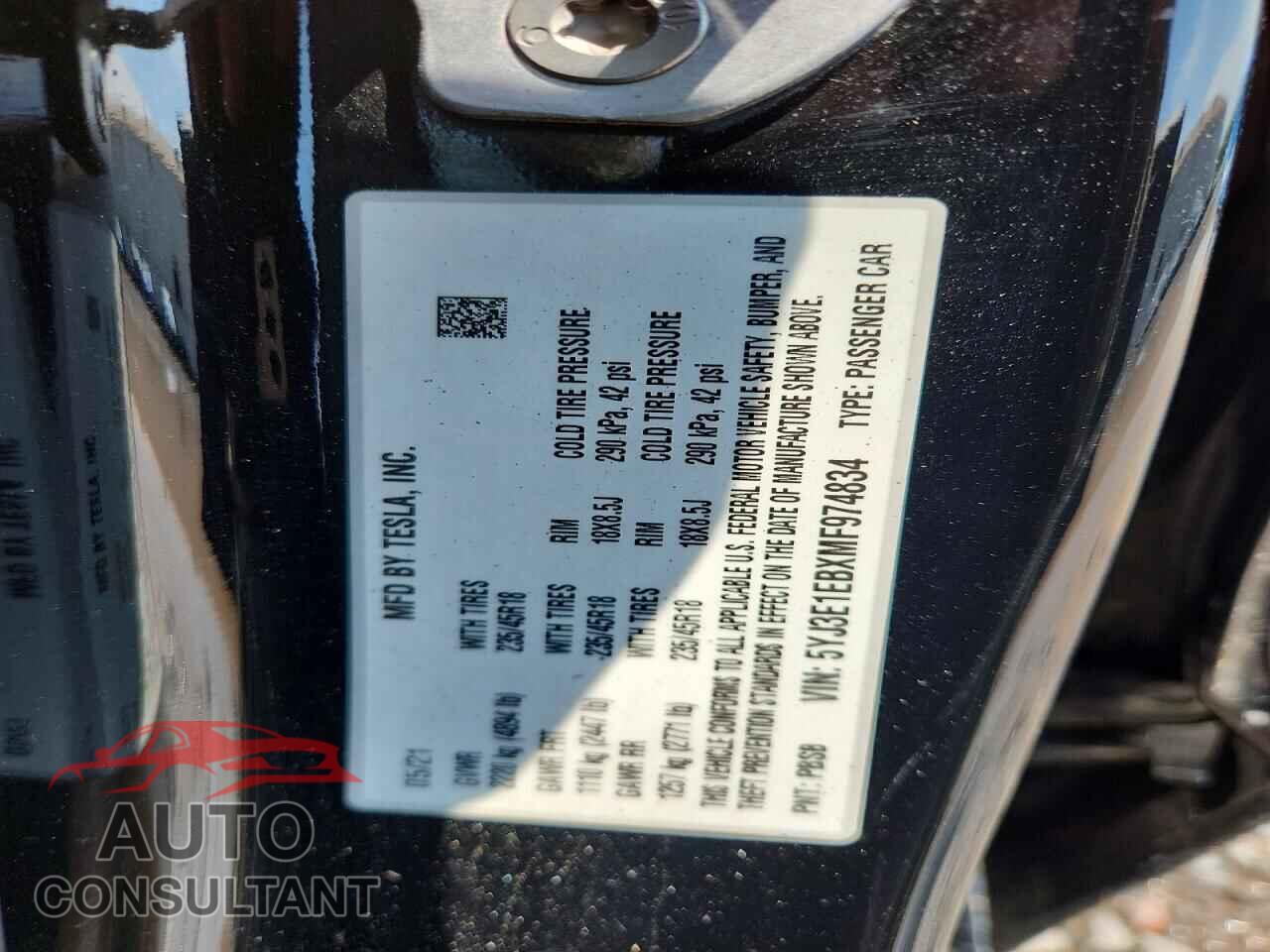 TESLA MODEL 3 2021 - 5YJ3E1EBXMF974834