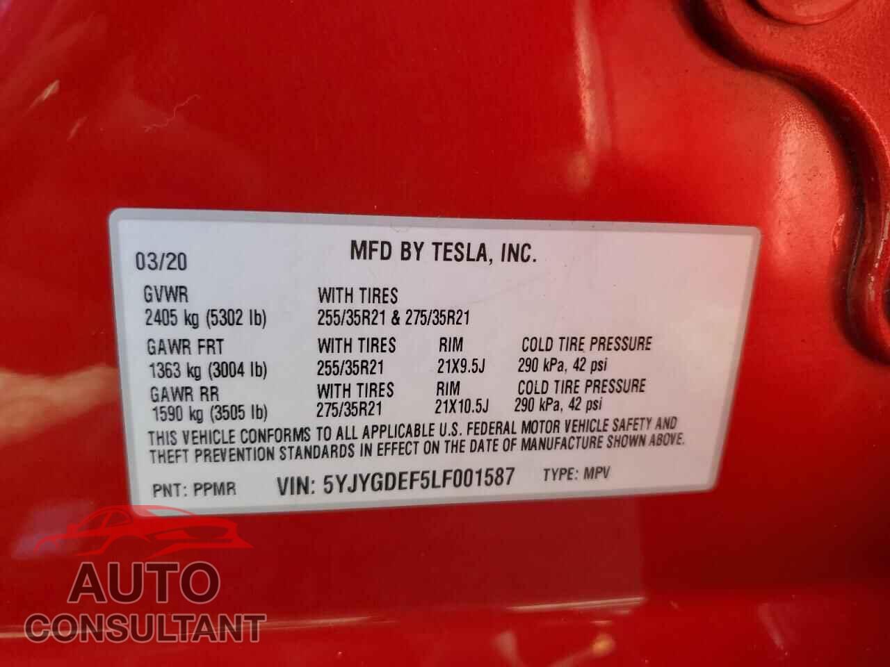 TESLA MODEL Y 2020 - 5YJYGDEF5LF001587