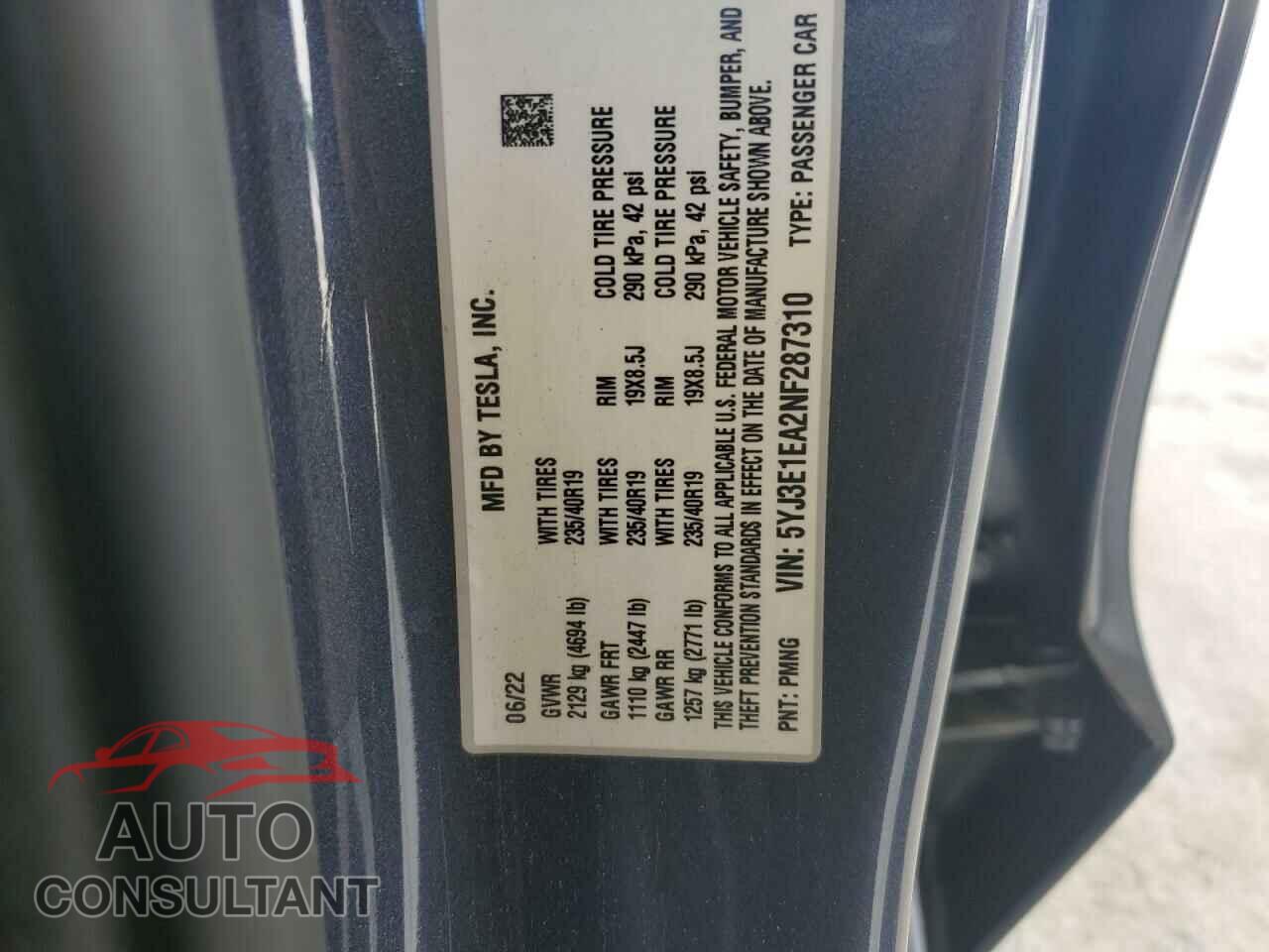 TESLA MODEL 3 2022 - 5YJ3E1EA2NF287310