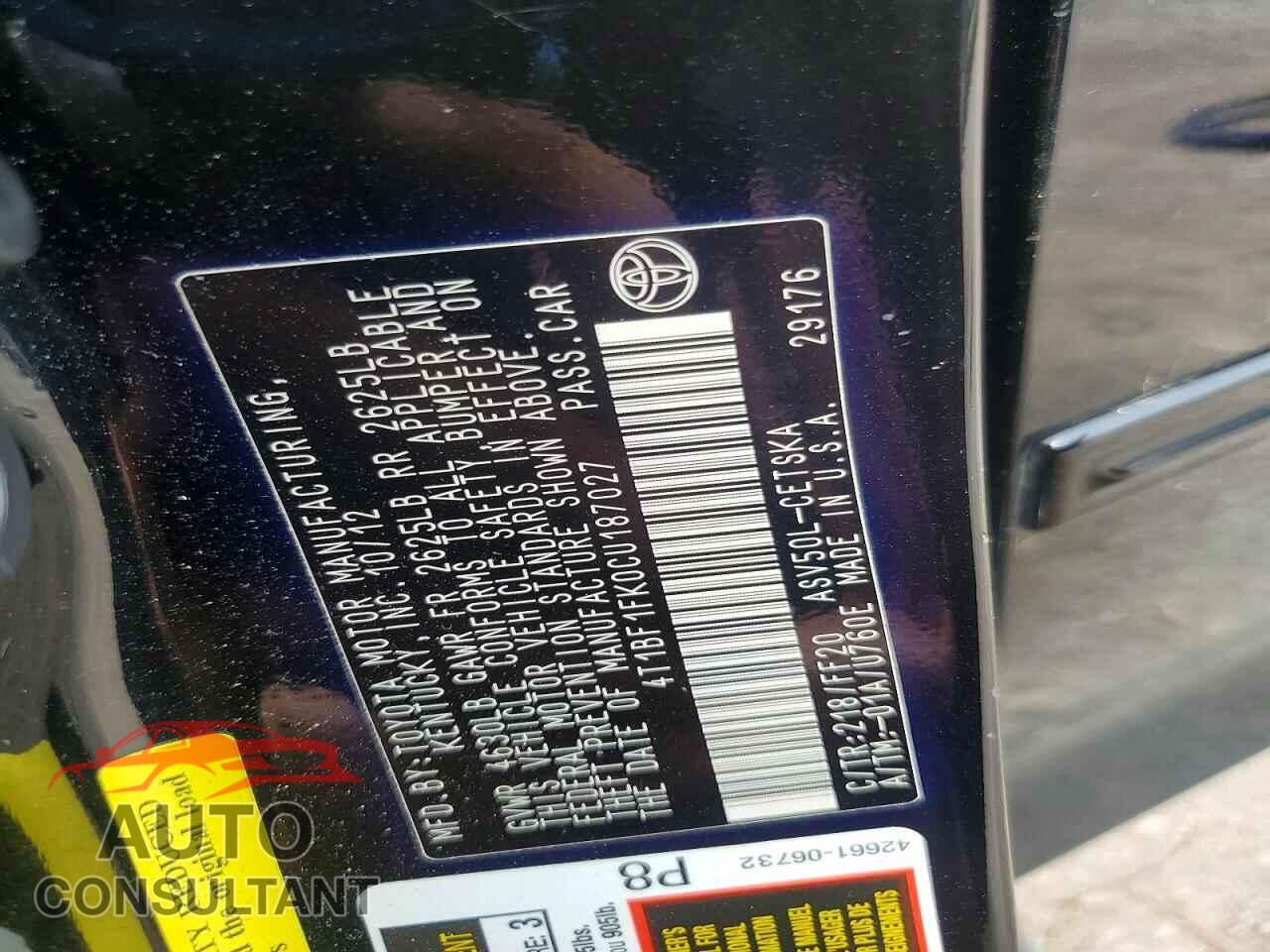 TOYOTA CAMRY 2012 - 4T1BF1FK0CU187027
