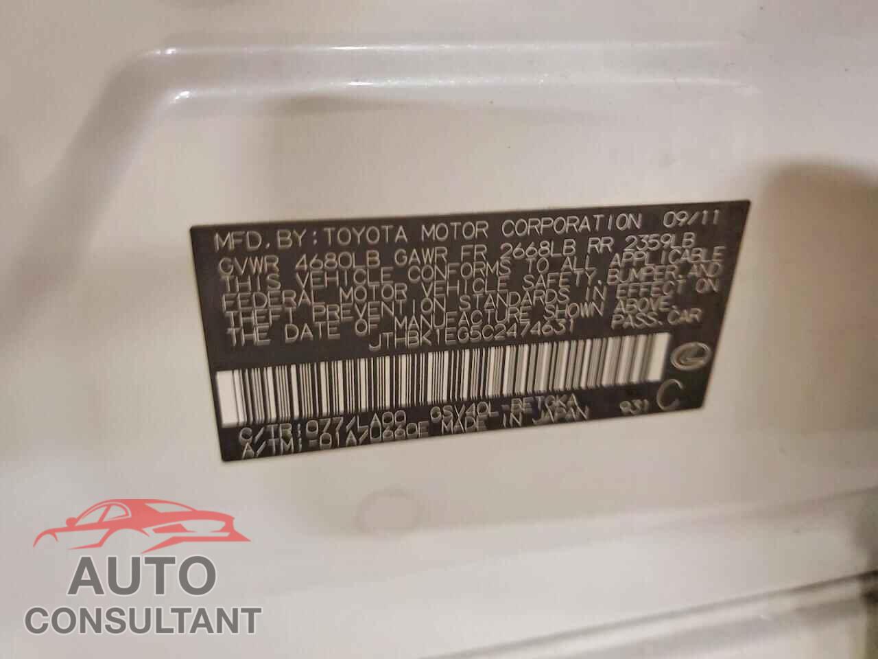 LEXUS ES350 2012 - JTHBK1EG5C2474631