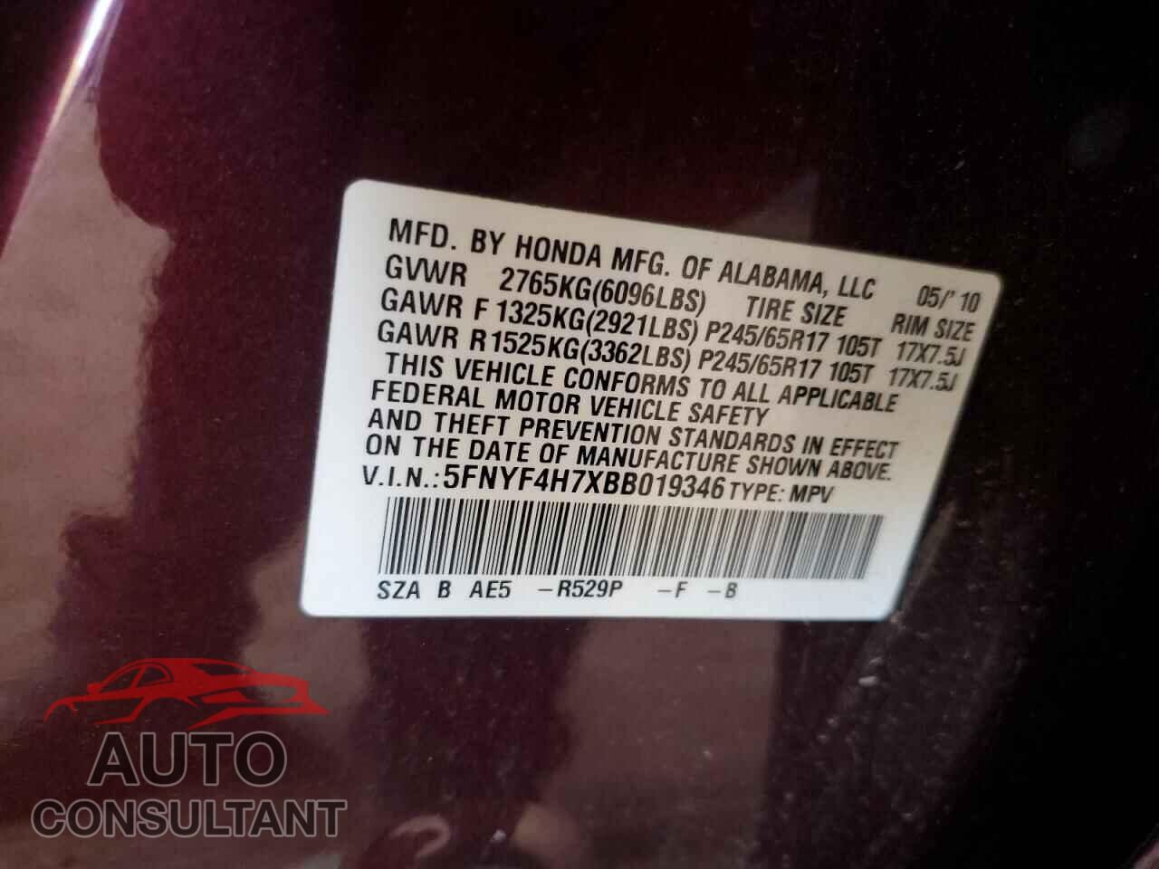HONDA PILOT 2011 - 5FNYF4H7XBB019346