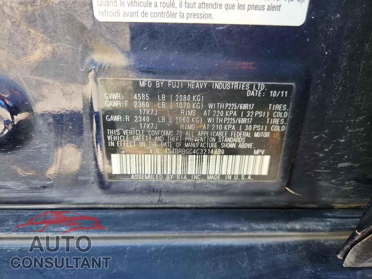 SUBARU OUTBACK 2012 - 4S4BRBGC4C3214790
