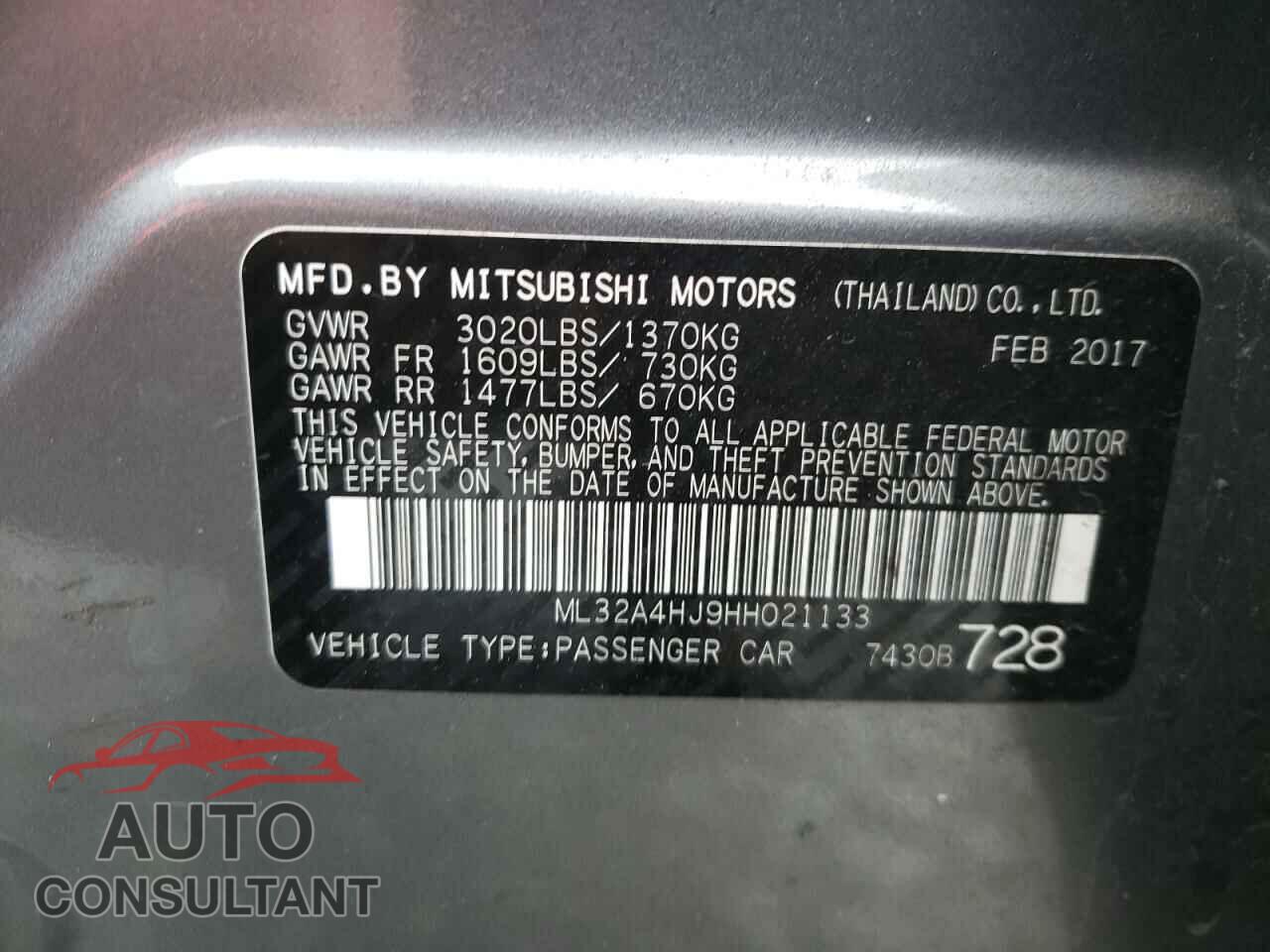 MITSUBISHI MIRAGE 2017 - ML32A4HJ9HH021133