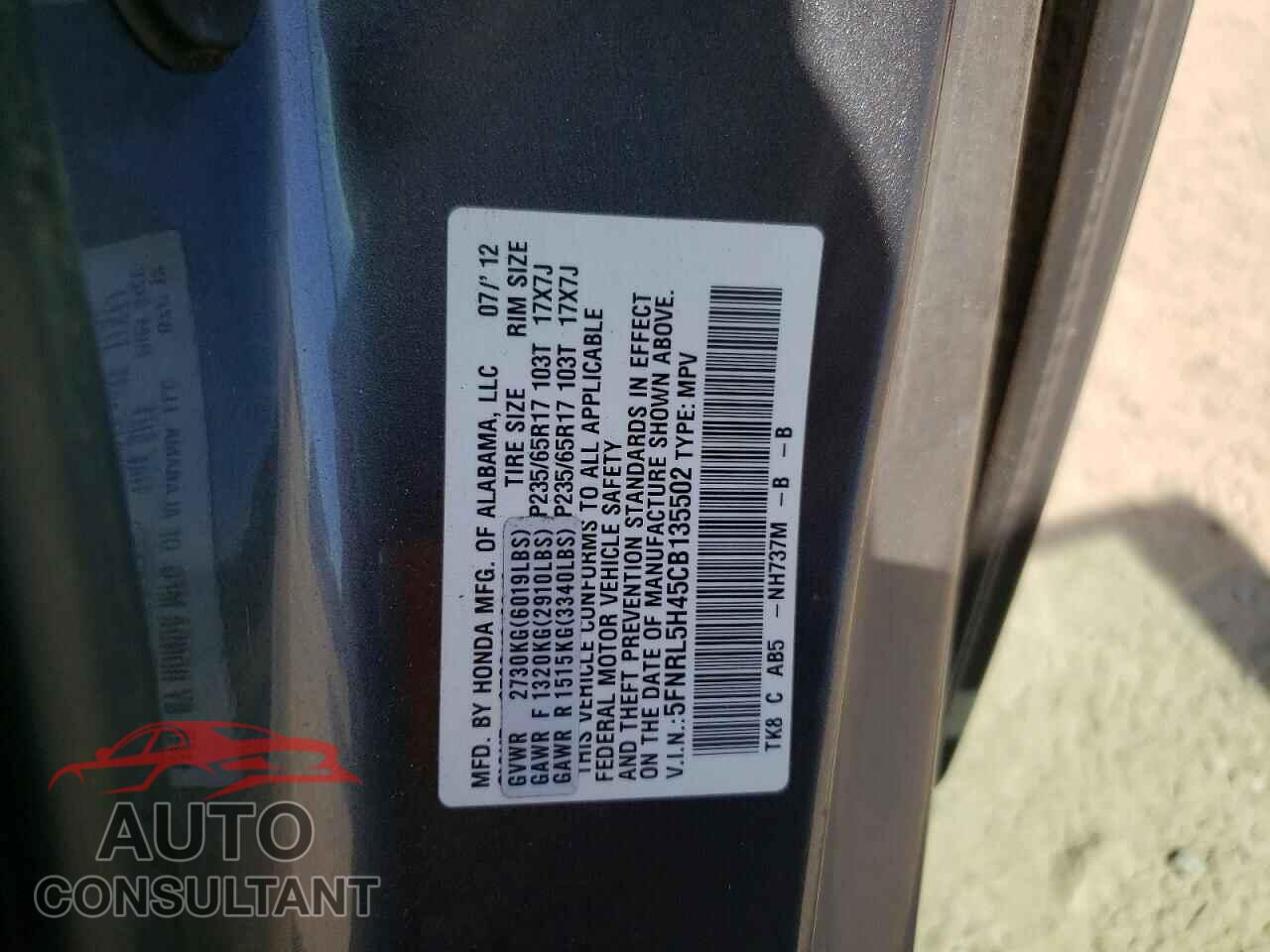 HONDA ODYSSEY 2012 - 5FNRL5H45CB135502