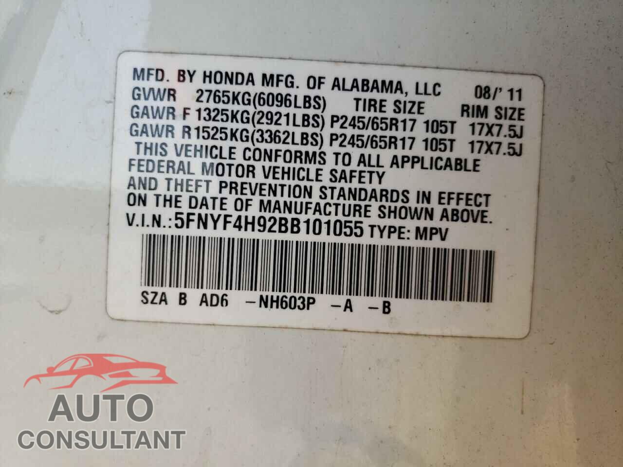 HONDA PILOT 2011 - 5FNYF4H92BB101055