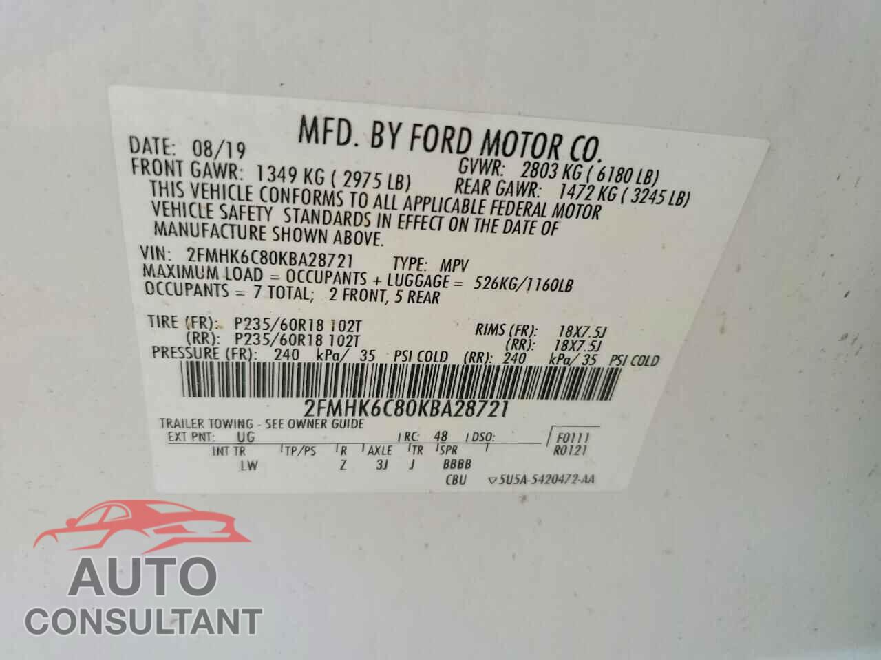 FORD FLEX 2019 - 2FMHK6C80KBA28721