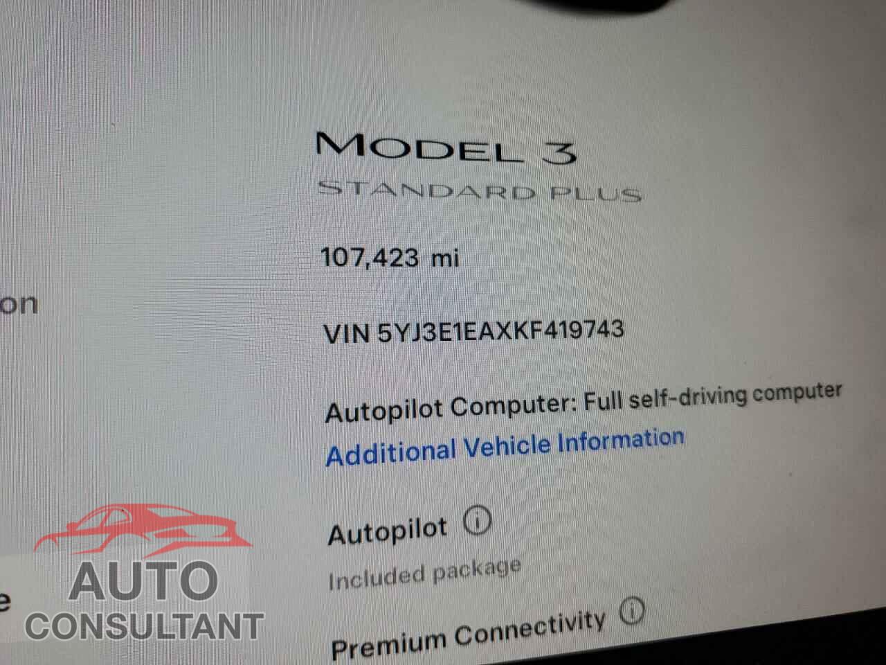 TESLA MODEL 3 2019 - 5YJ3E1EAXKF419743