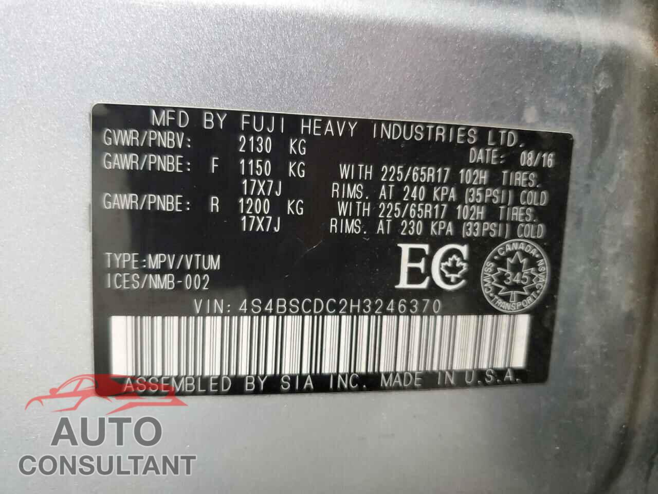 SUBARU OUTBACK 2017 - 4S4BSCDC2H3246370