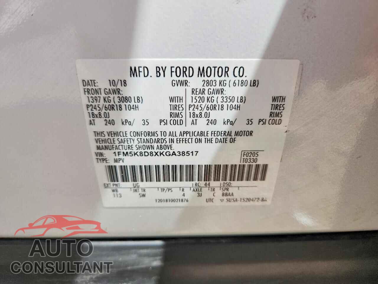 FORD EXPLORER 2019 - 1FM5K8D8XKGA38517