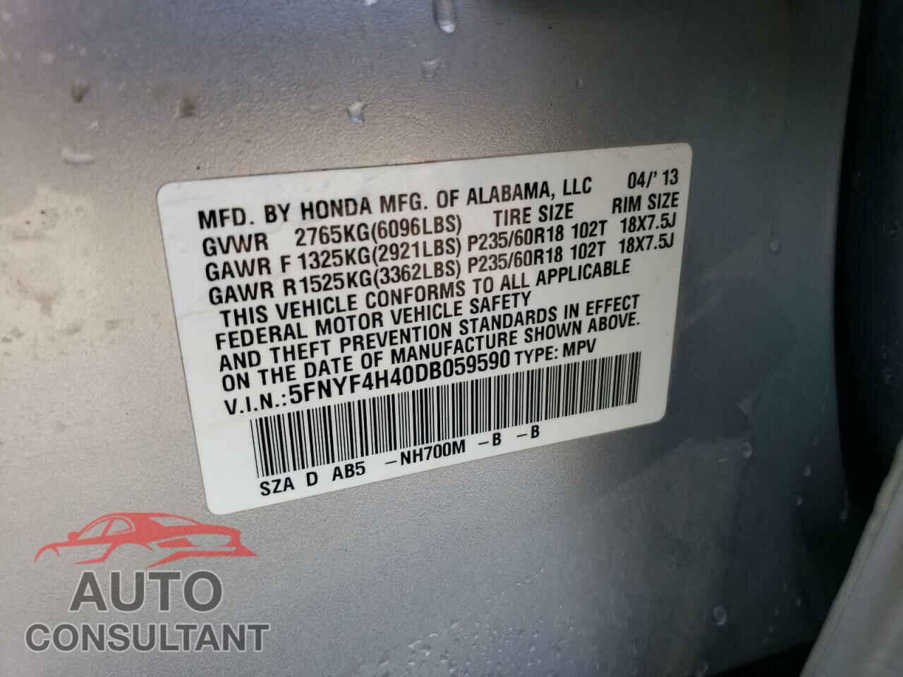 HONDA PILOT 2013 - 5FNYF4H40DB059590