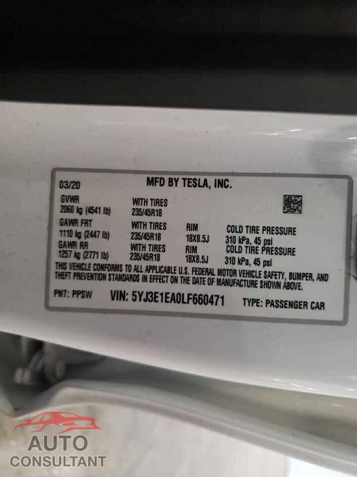 TESLA MODEL 3 2020 - 5YJ3E1EA0LF660471