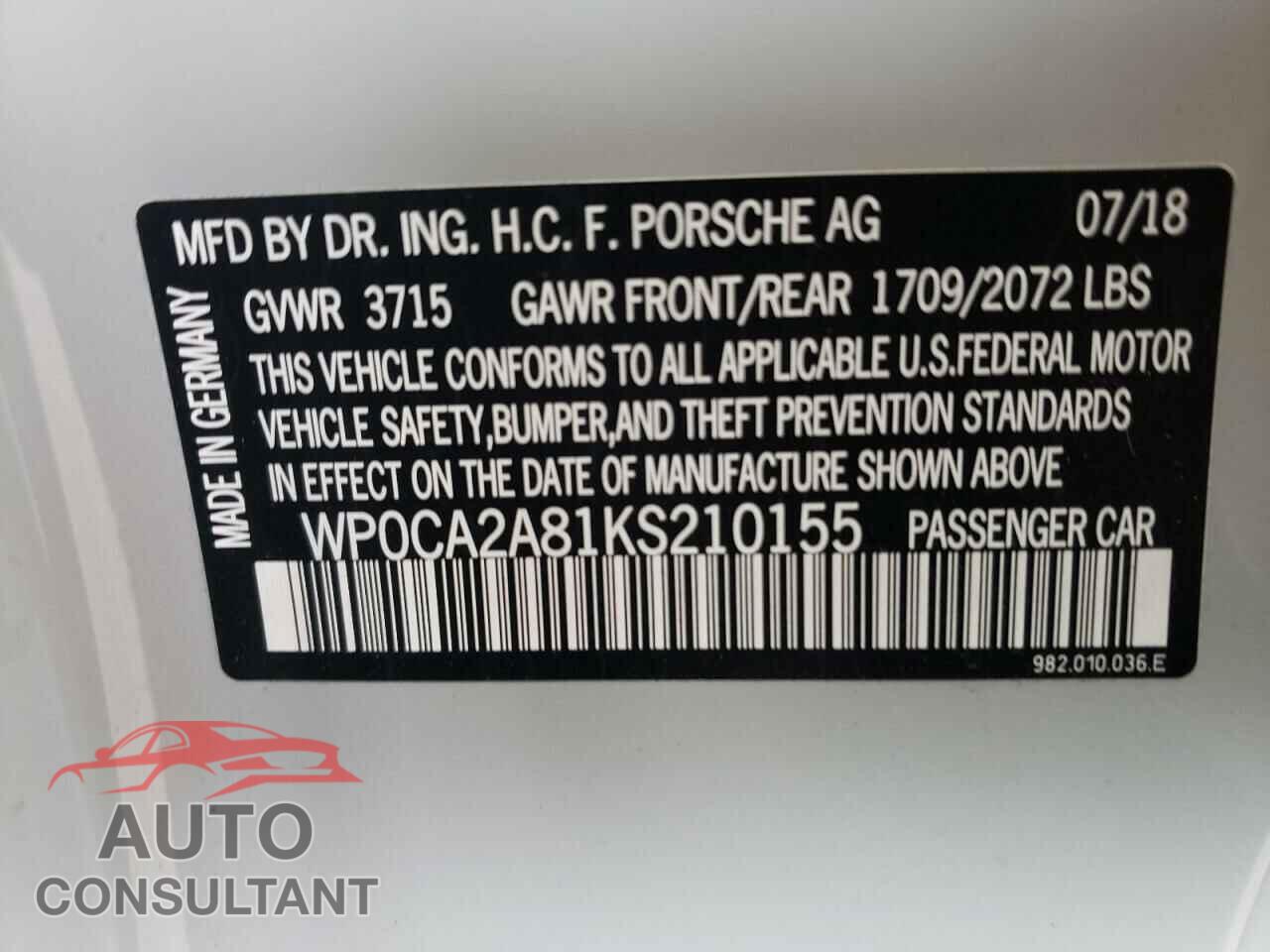 PORSCHE BOXSTER 2019 - WP0CA2A81KS210155