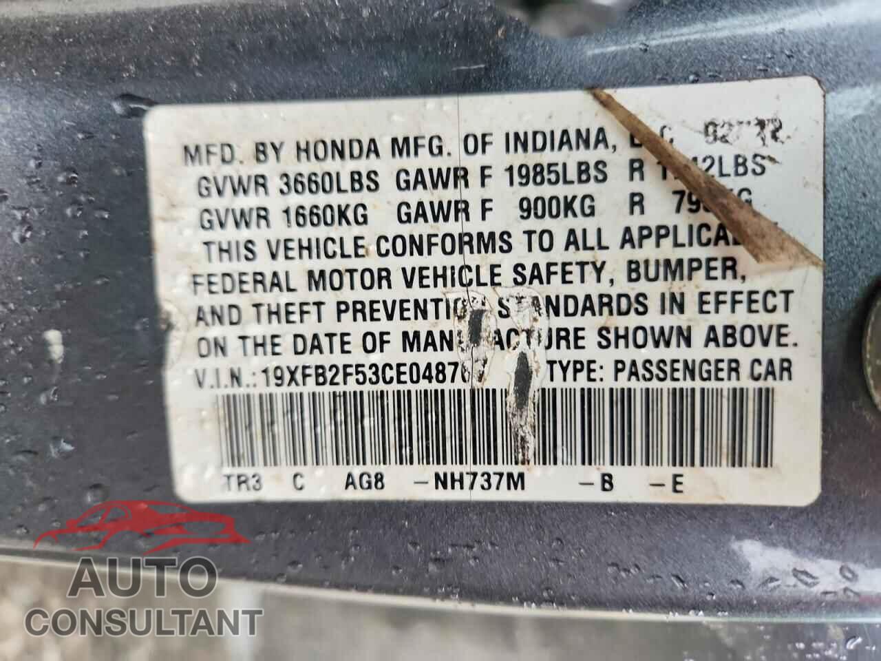 HONDA CIVIC 2012 - 19XFB2F53CE048767