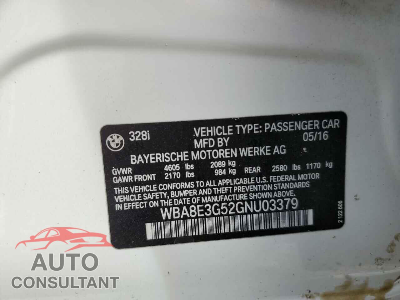 BMW 3 SERIES 2016 - WBA8E3G52GNU03379