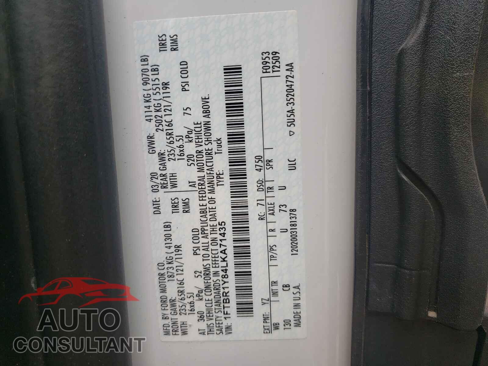 FORD TRANSIT CO 2020 - 1FTBR1Y84LKA71435